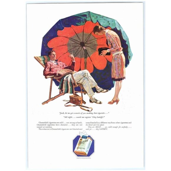 1928 Print Ad Chesterfield Cigarettes "Lets Make Movie of You Smoking! Tennis - Picture 1 of 3